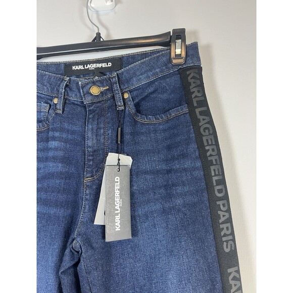 NWT Karl Lagerfeld Women Straight Leg Logo Black Tape Blue Jeans Size 2  $99.50 - Picture 2 of 9